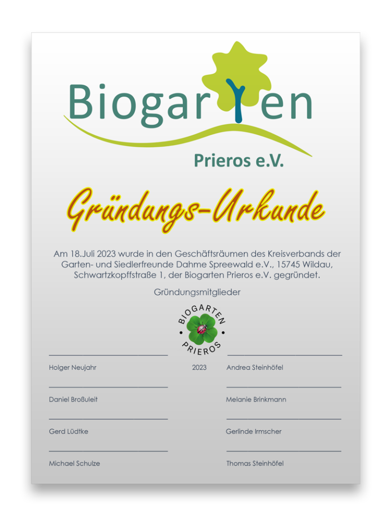 Urkunde Gründung des Biogarten in Prieros